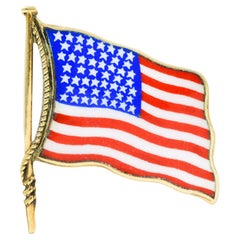 1950's Enamel 14 Karat Gold Unisex American Flag Brooch