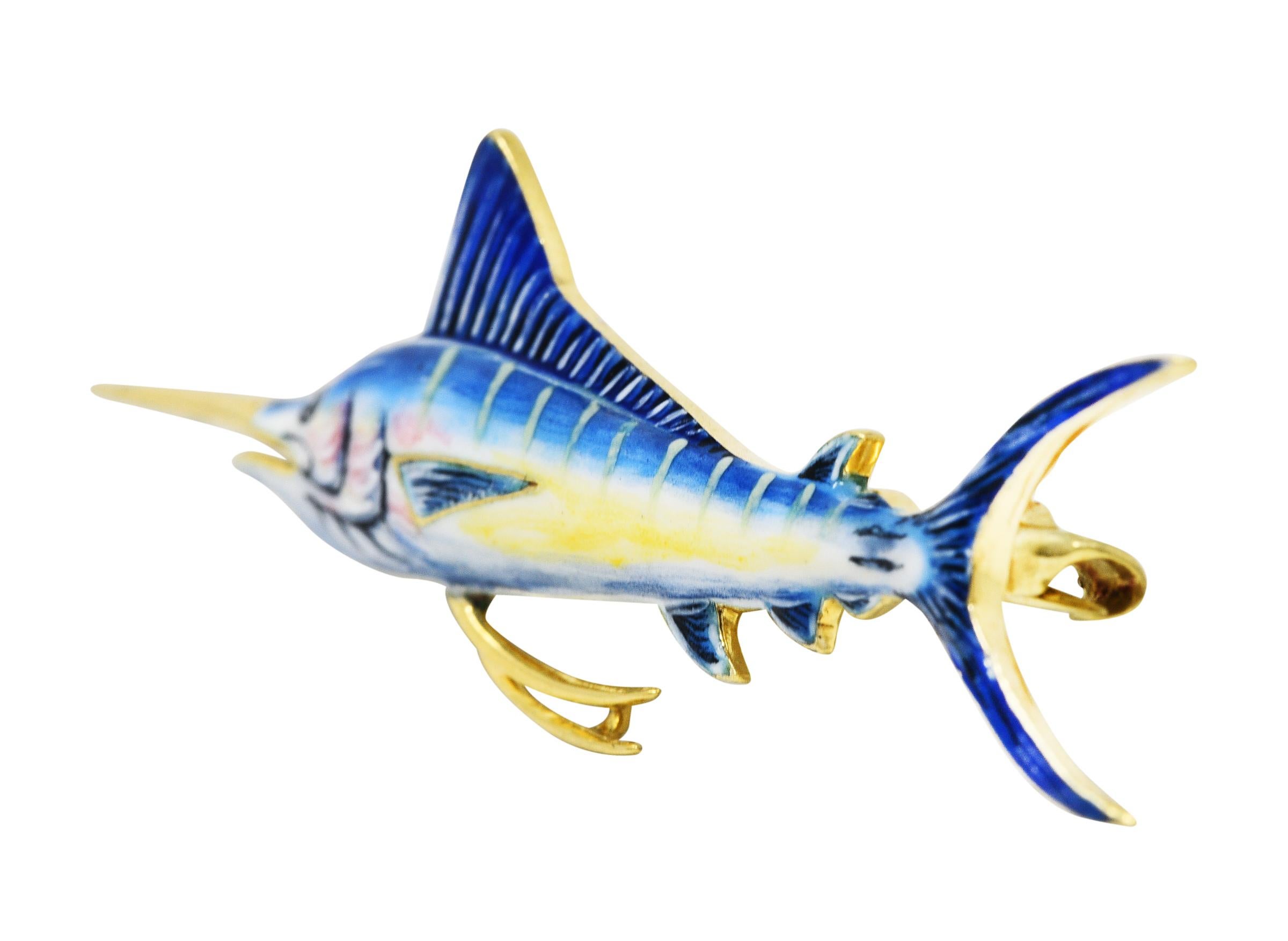 1950's Enamel 14 Karat Yellow Gold Marlin Fish Unisex Brooch In Excellent Condition In Philadelphia, PA