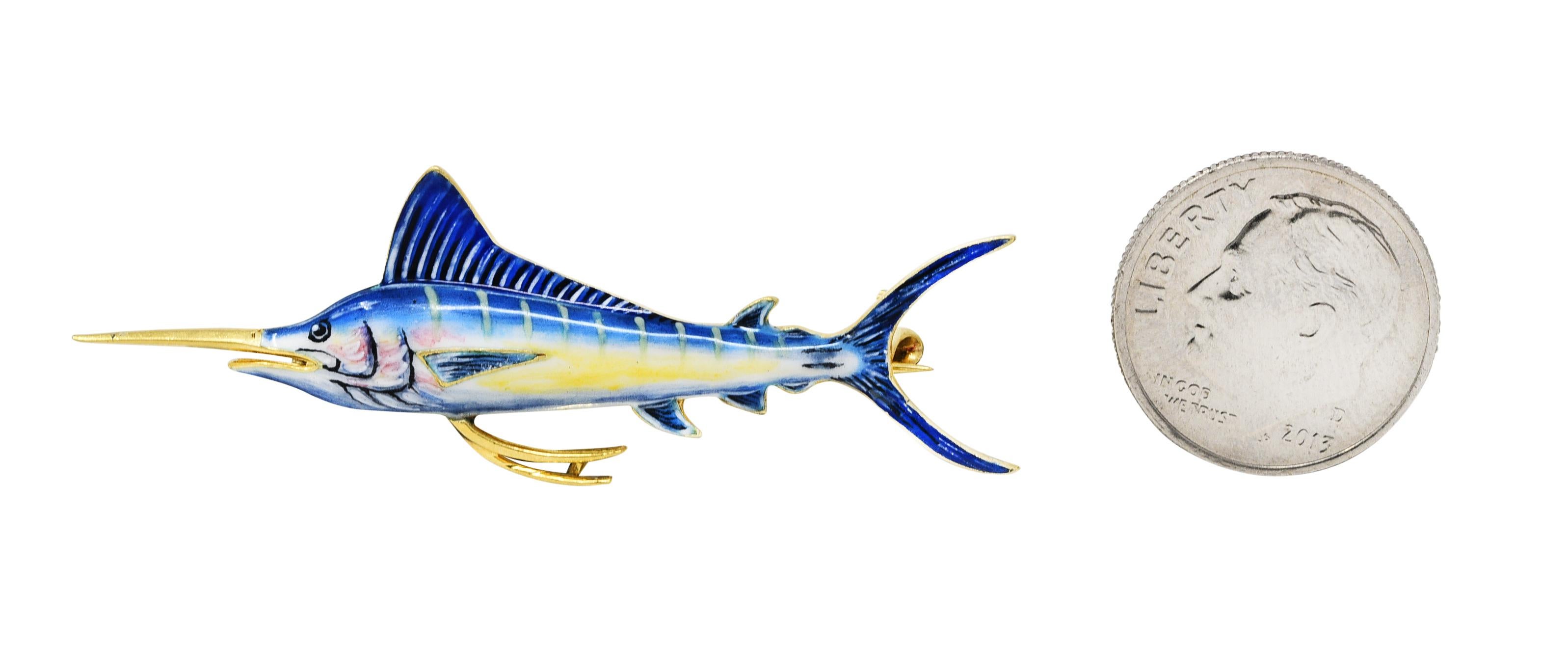 1950's Enamel 14 Karat Yellow Gold Marlin Fish Unisex Brooch 2