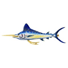1950's Enamel 14 Karat Yellow Gold Marlin Fish Unisex Brooch