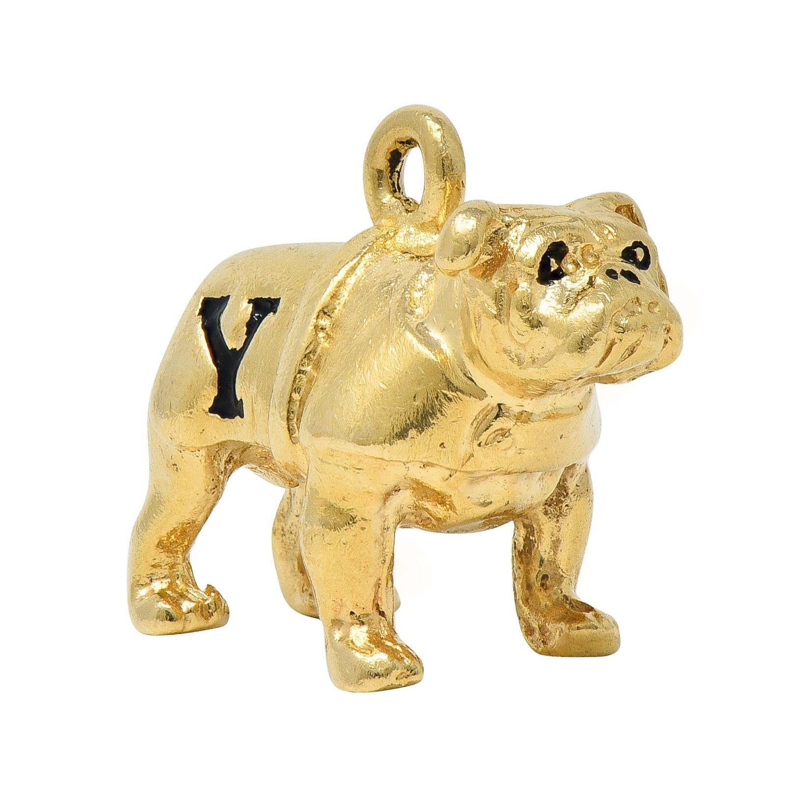 1950's Emaille 14 Karat Gelbgold Vintage Yale Bulldogge Hund Anhänger Charme im Angebot 2