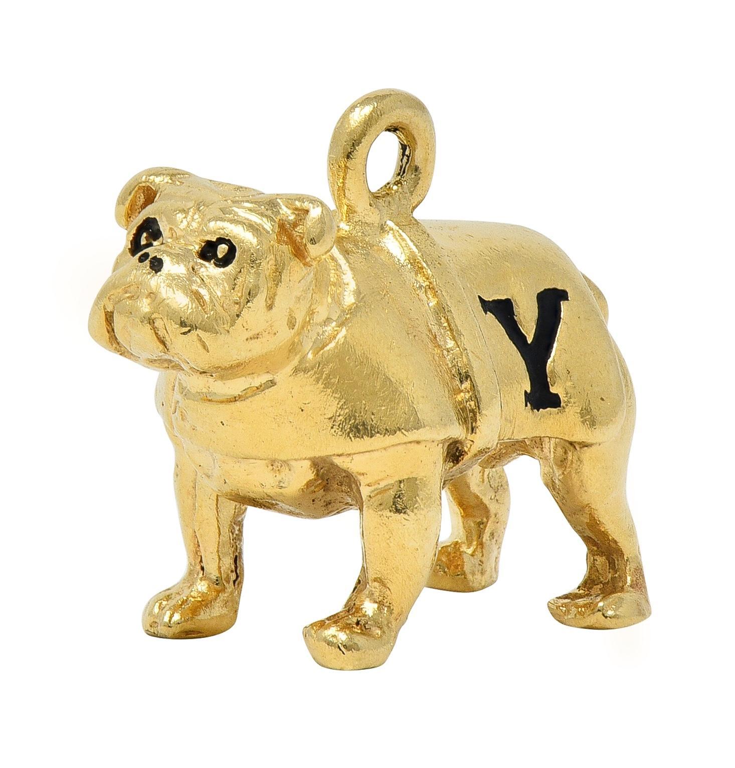1950's Emaille 14 Karat Gelbgold Vintage Yale Bulldogge Hund Anhänger Charme im Angebot