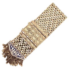 Vintage 1950's Enamel 14 Karat Yellow Gold Woven Link Wide Tassel Estate Bracelet 
