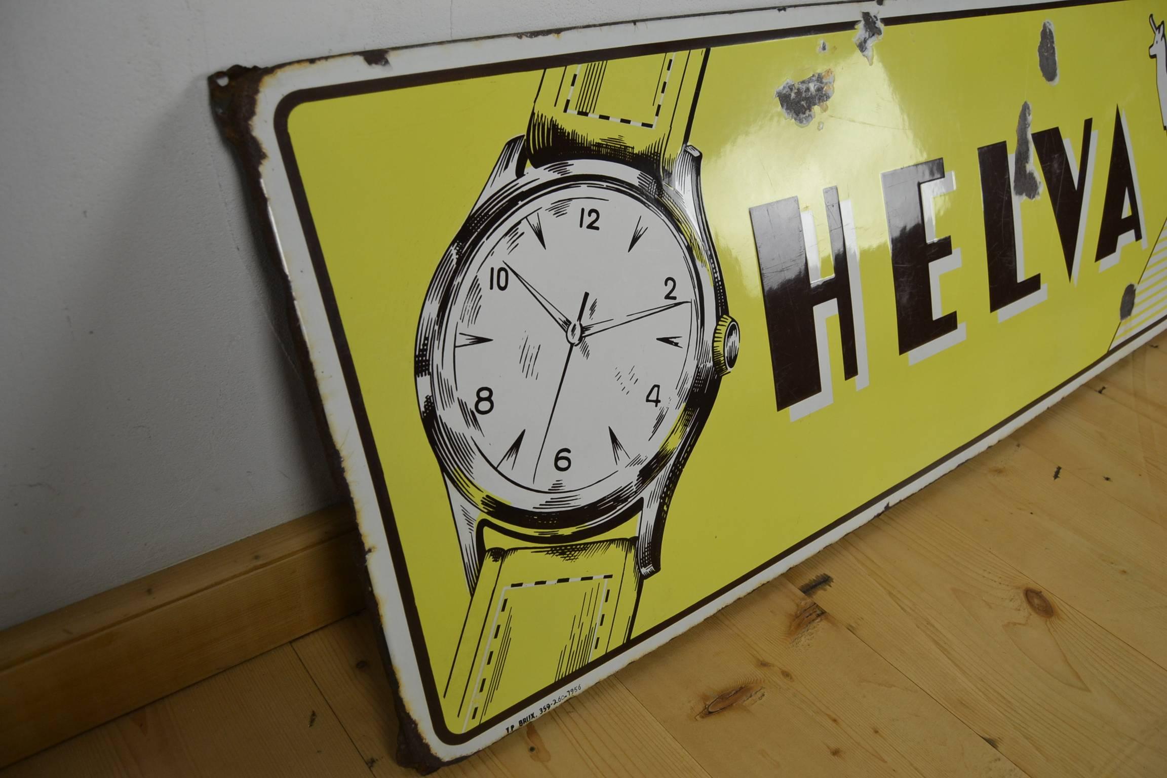 Mid-Century Modern 1950s Enamel Advertising Sign Helva Watches Switzerland