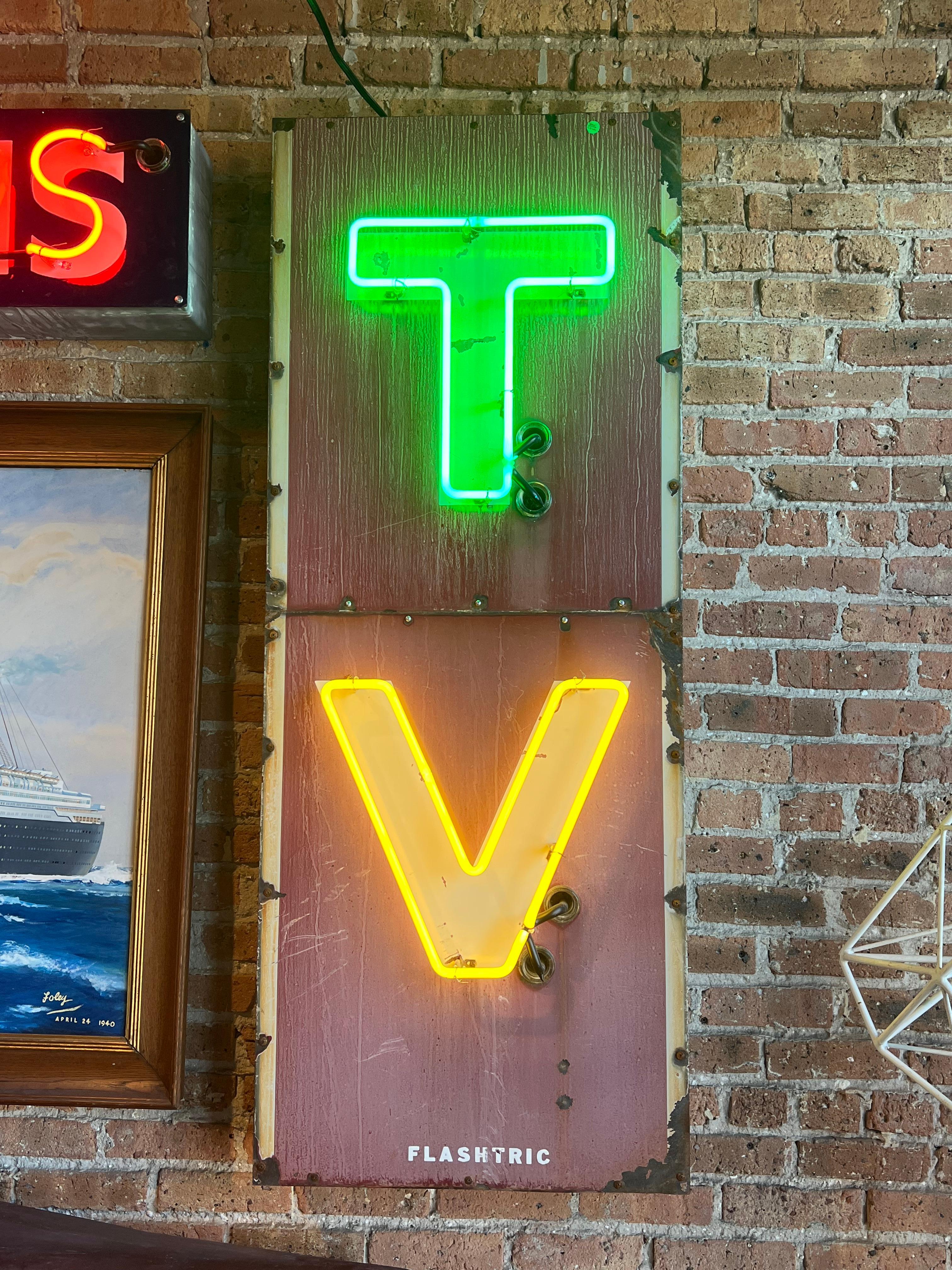 Mid-Century Modern 1950’s Enamel and Neon TV Sign For Sale