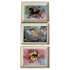 Opere d'arte incorniciate in smalto su rame degli anni '50, di Greet van der Wens, set di 3