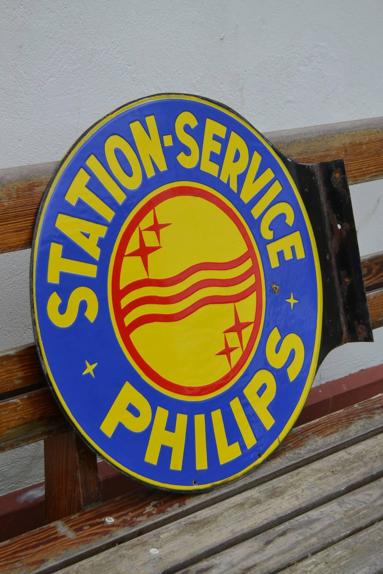 Modern 1950s Enamel Two-Sided Publicity Sign Philips Service-Station