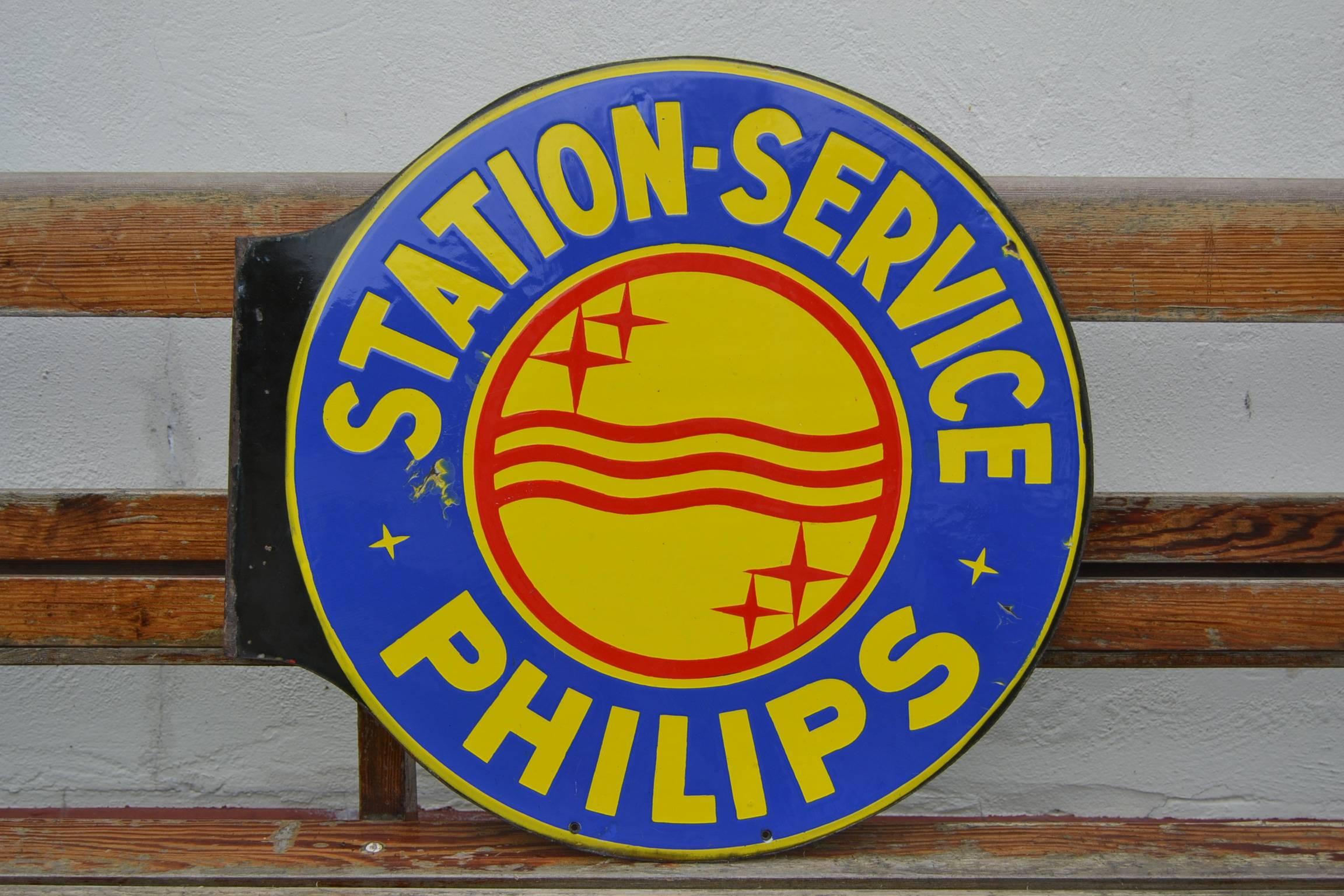 French 1950s Enamel Two-Sided Publicity Sign Philips Service-Station