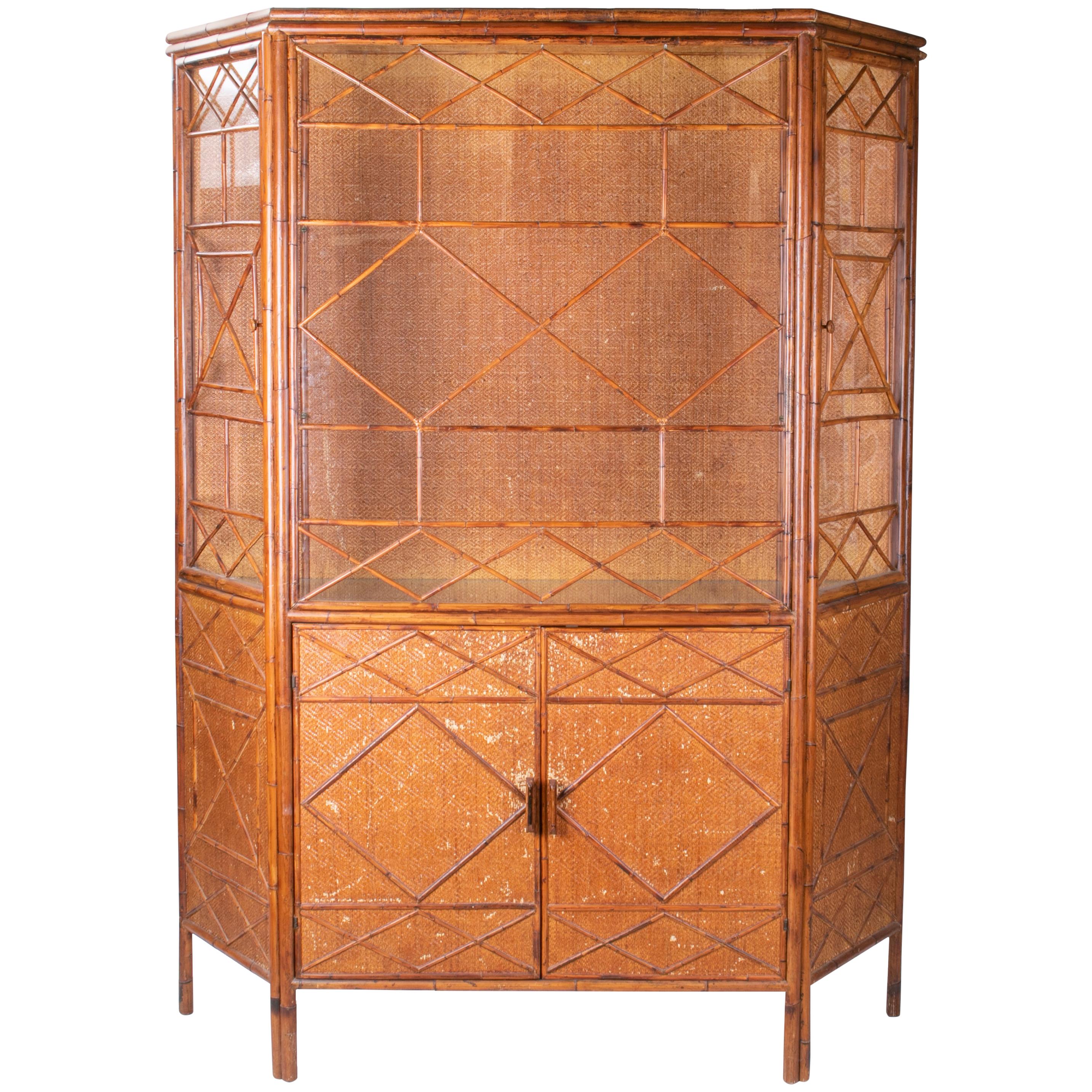 1950s English Bamboo and Rattan Glass Cabinet