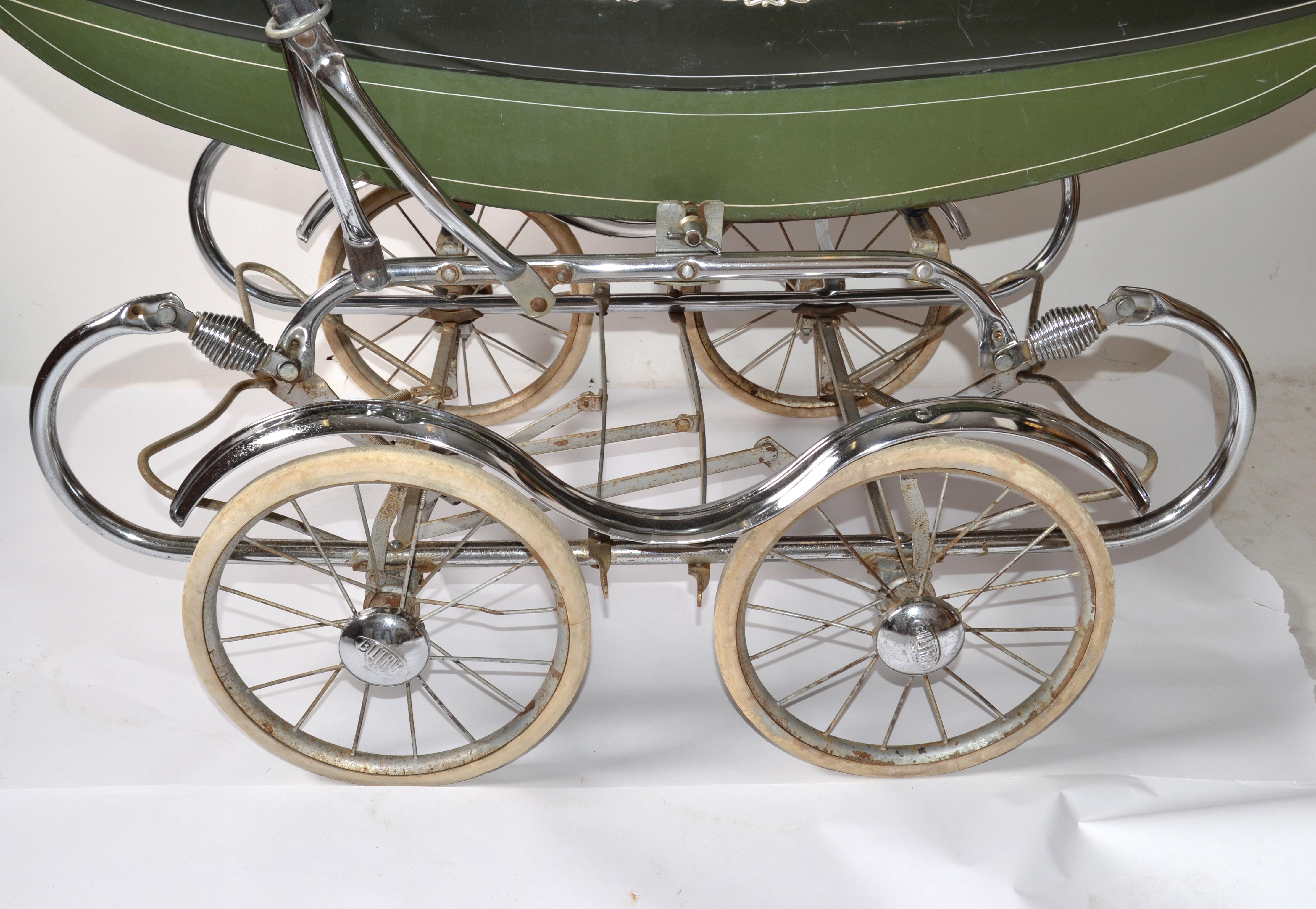 1950s English Bilt-Rite Park Avenue Baby Carriage Chrome Pram Stroller Buggy For Sale 1