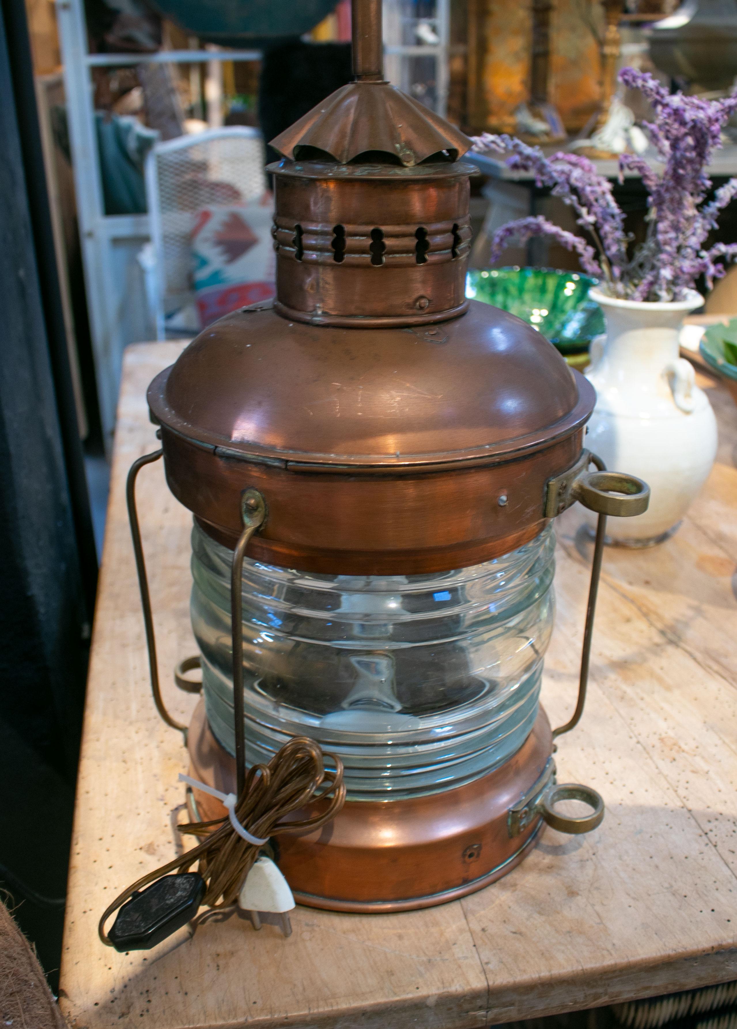 20th Century 1950s English Bronze and Glass Ship Table Lamp with Shade