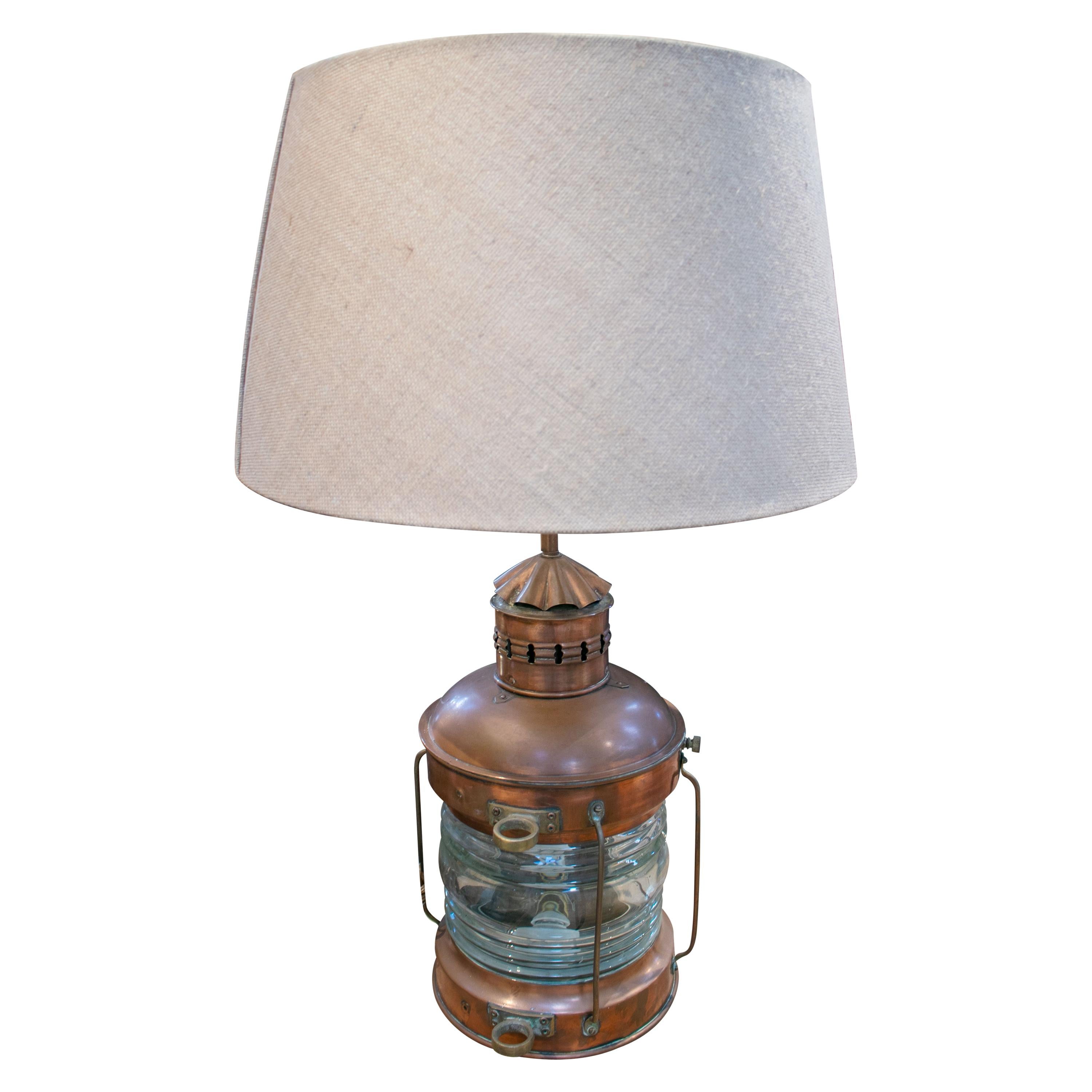 1950s English Bronze and Glass Ship Table Lamp with Shade