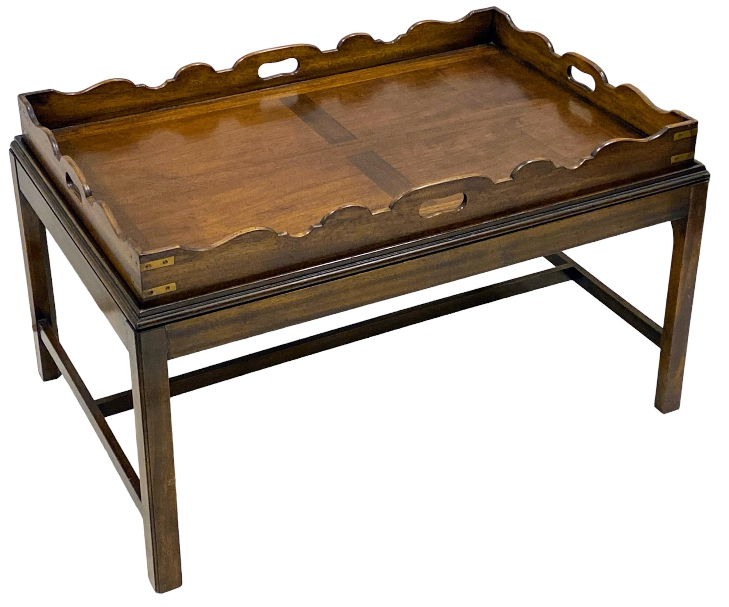 20th Century 1950s English Campaign Style Brass & Banded Mahogany Butler’s Tray Coffee Table  For Sale