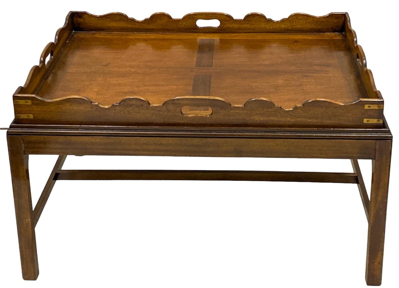 1950s English Campaign Style Brass & Banded Mahogany Butler’s Tray Coffee Table  For Sale 1