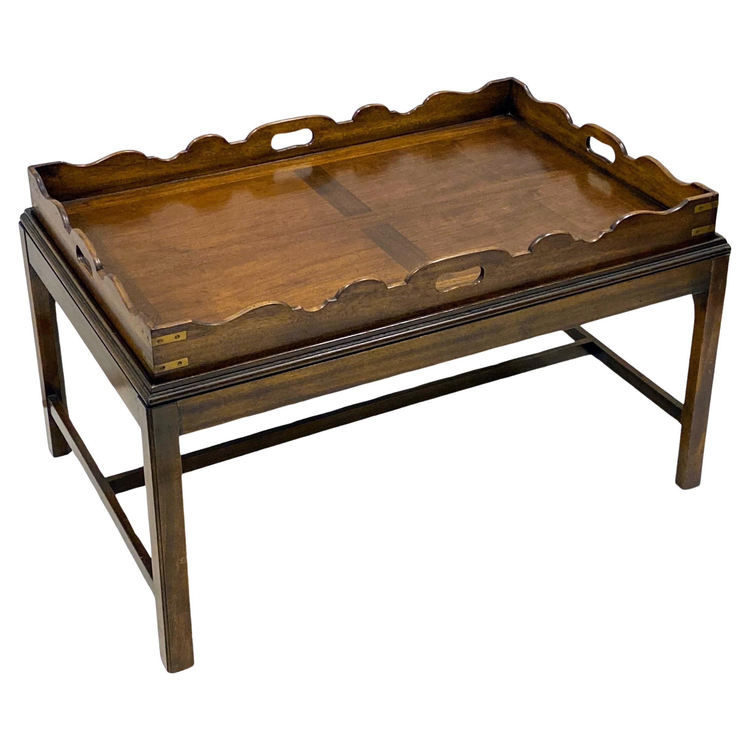 1950s English Campaign Style Brass & Banded Mahogany Butler’s Tray Coffee Table  For Sale