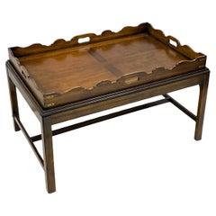 1950s English Campaign Style Brass & Banded Mahogany Butler’s Tray Coffee Table
