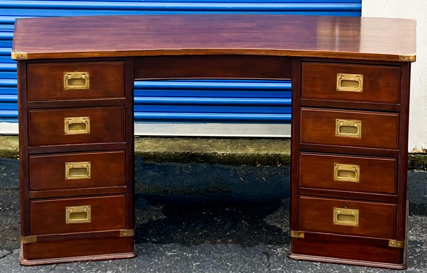 1950s English Campaign Style Mahogany & Brass Demilune Form Desk  In Good Condition For Sale In Kennesaw, GA