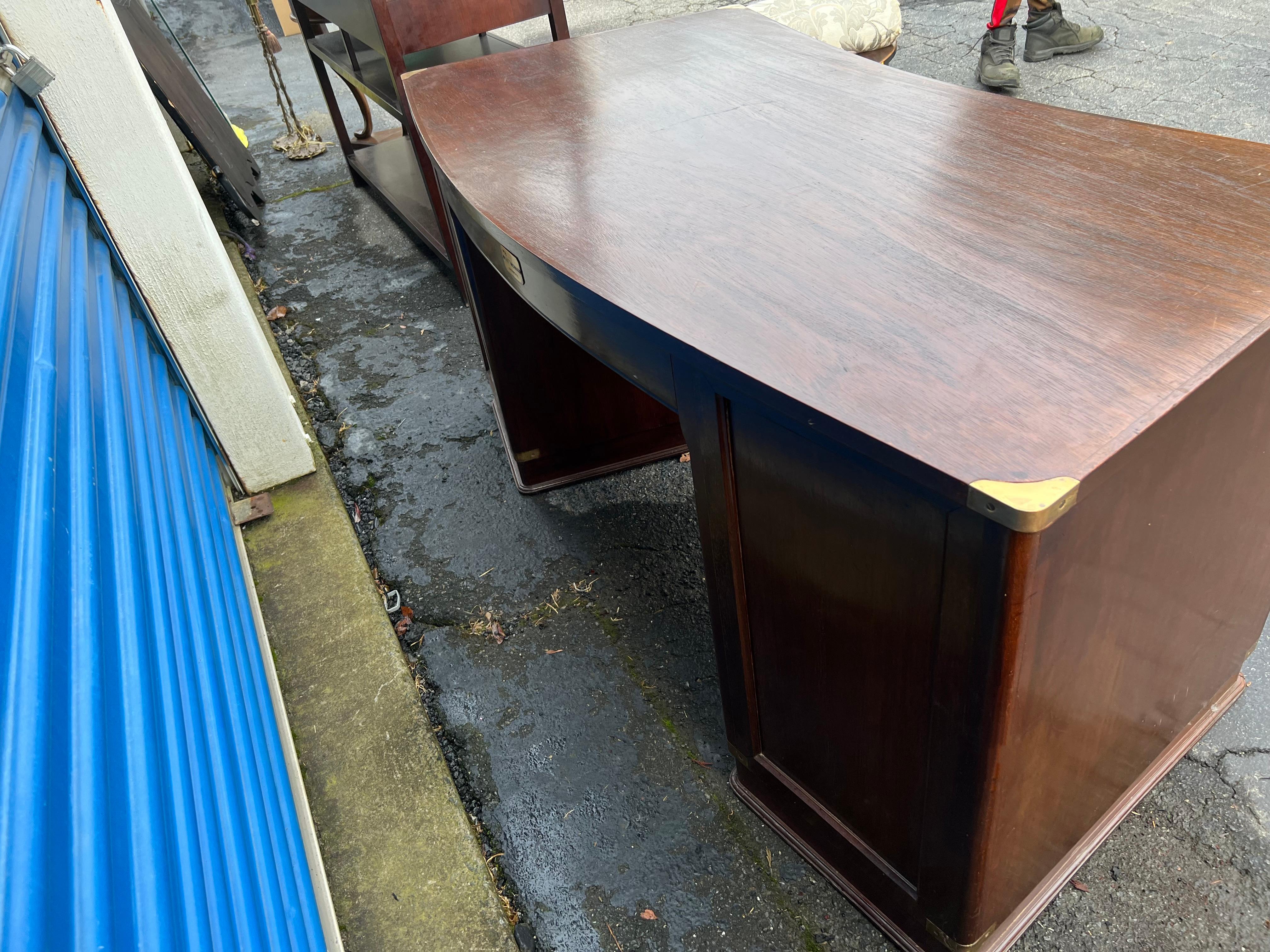 Mid-20th Century 1950s English Campaign Style Mahogany & Brass Demilune Form Desk  For Sale