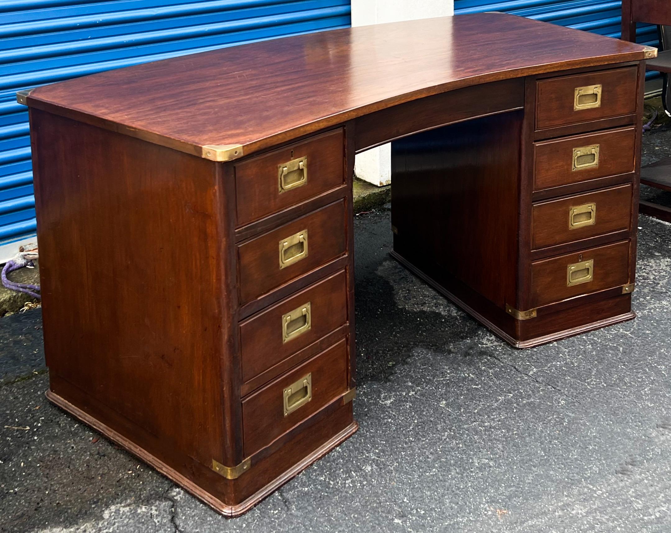 1950s English Campaign Style Mahogany & Brass Demilune Form Desk  For Sale 3