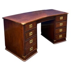 1950s English Campaign Style Mahogany & Brass Demilune Form Desk