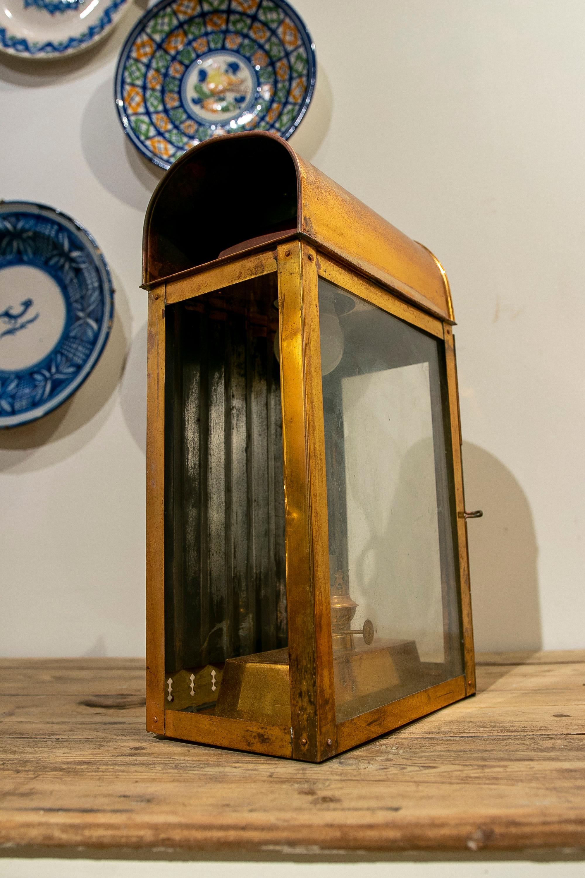 1950s, English Copper Oil Lantern with Glass and Mirror For Sale 9