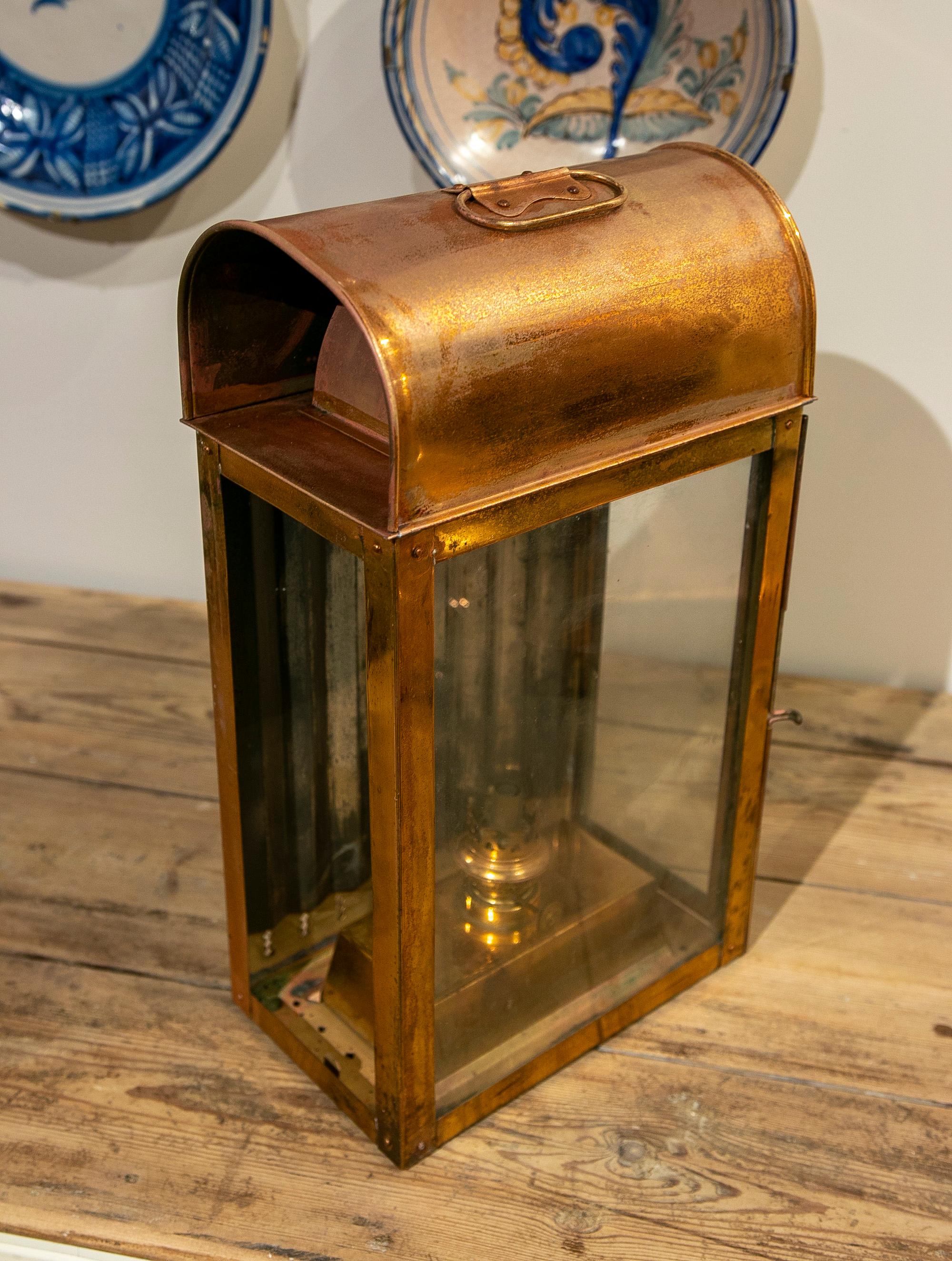 1950s, English Copper Oil Lantern with Glass and Mirror For Sale 2