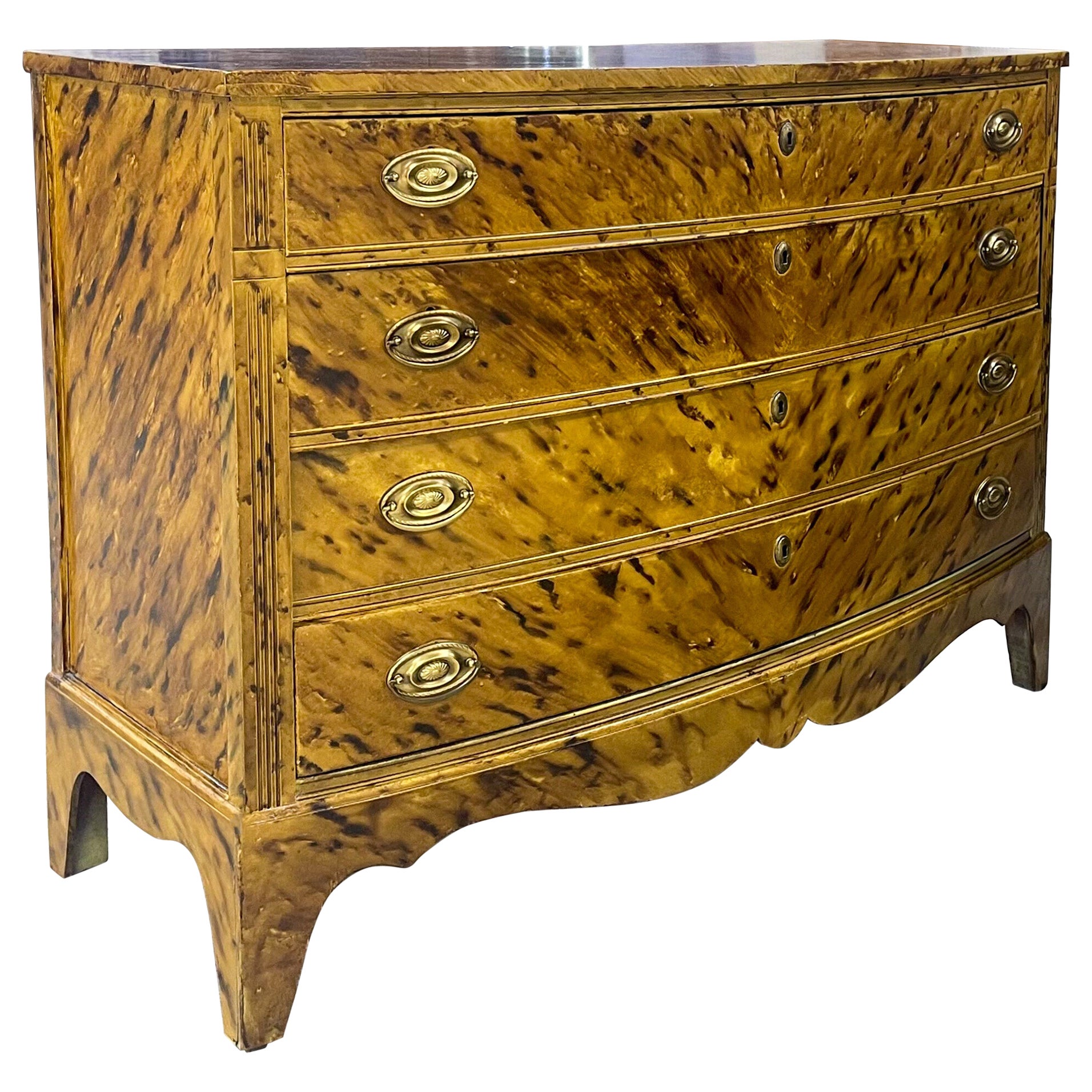 1950s English Georgian Style Faux Tortoise Painted Bow Front Chest