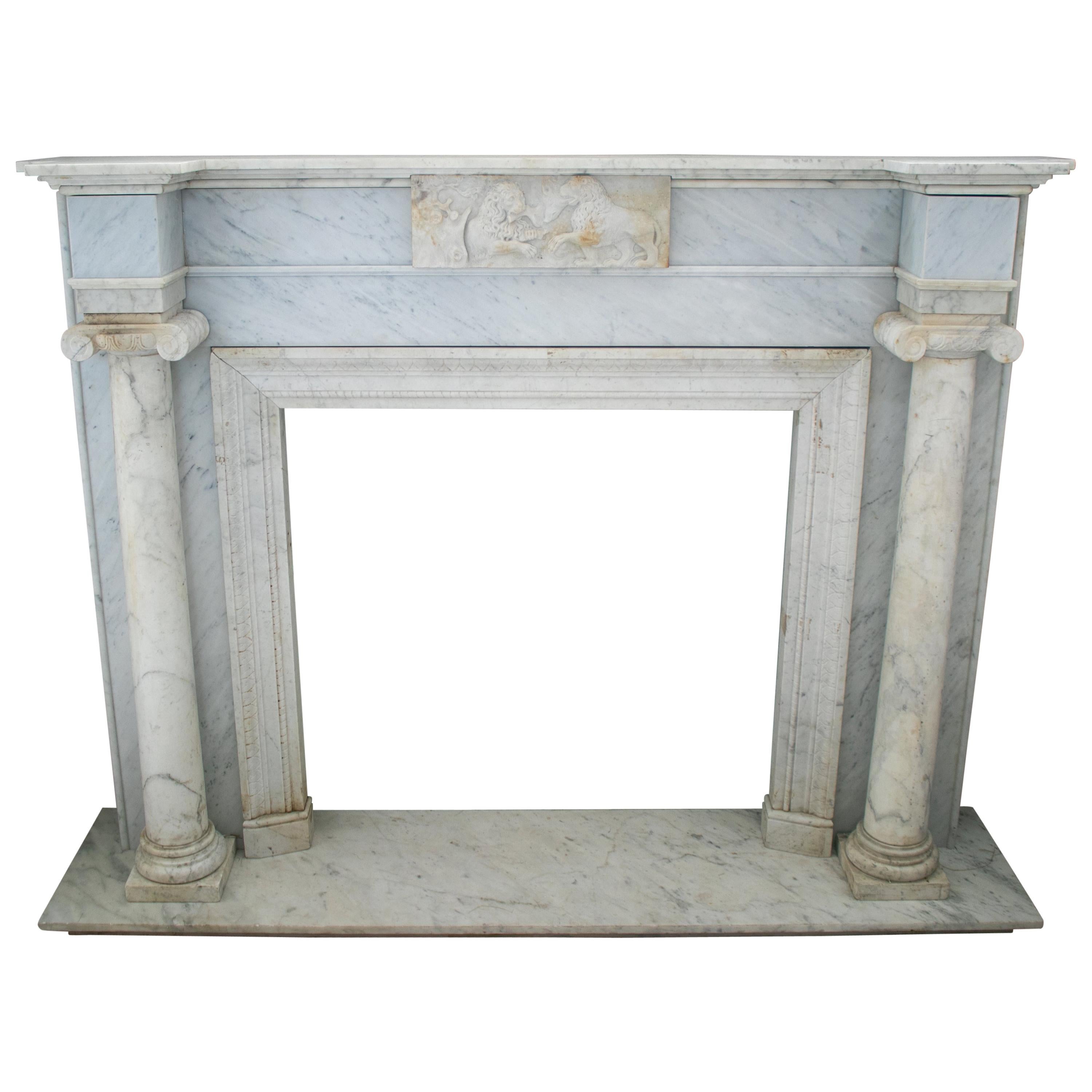1950s English Hand Carved Marble Fireplace with Ionic Columns For Sale