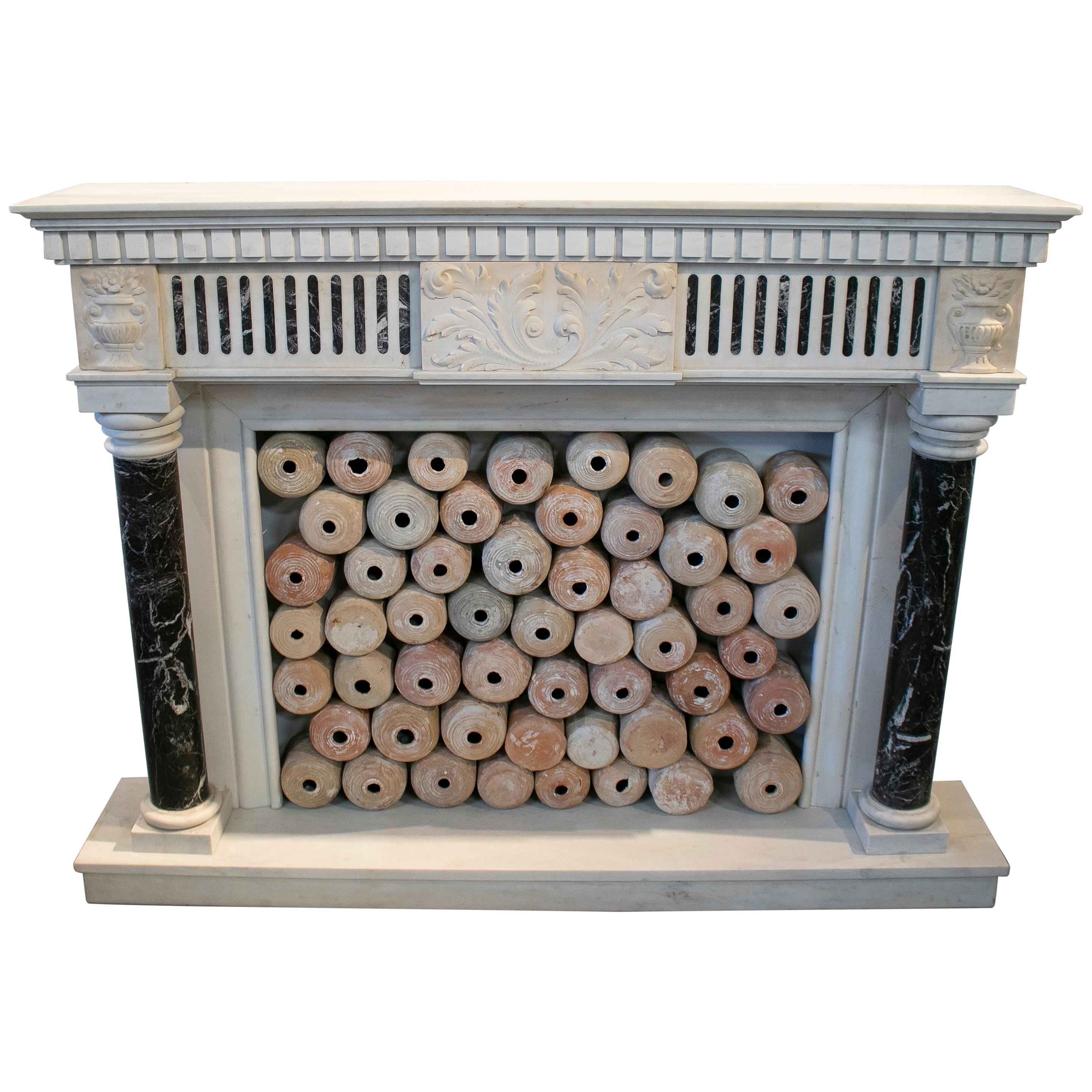 1950s English Hand Carved Marble Fireplace with Ionic Columns For Sale