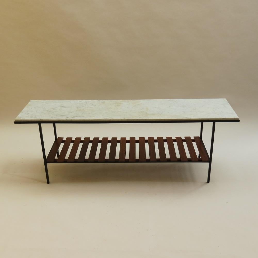 1950s English Metal Table Marble Top Slatted Wood Shelf by Peter Cuddon 7