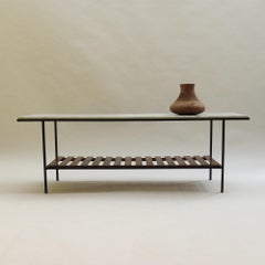 1950s English Metal Table Marble Top Slatted Wood Shelf by Peter Cuddon