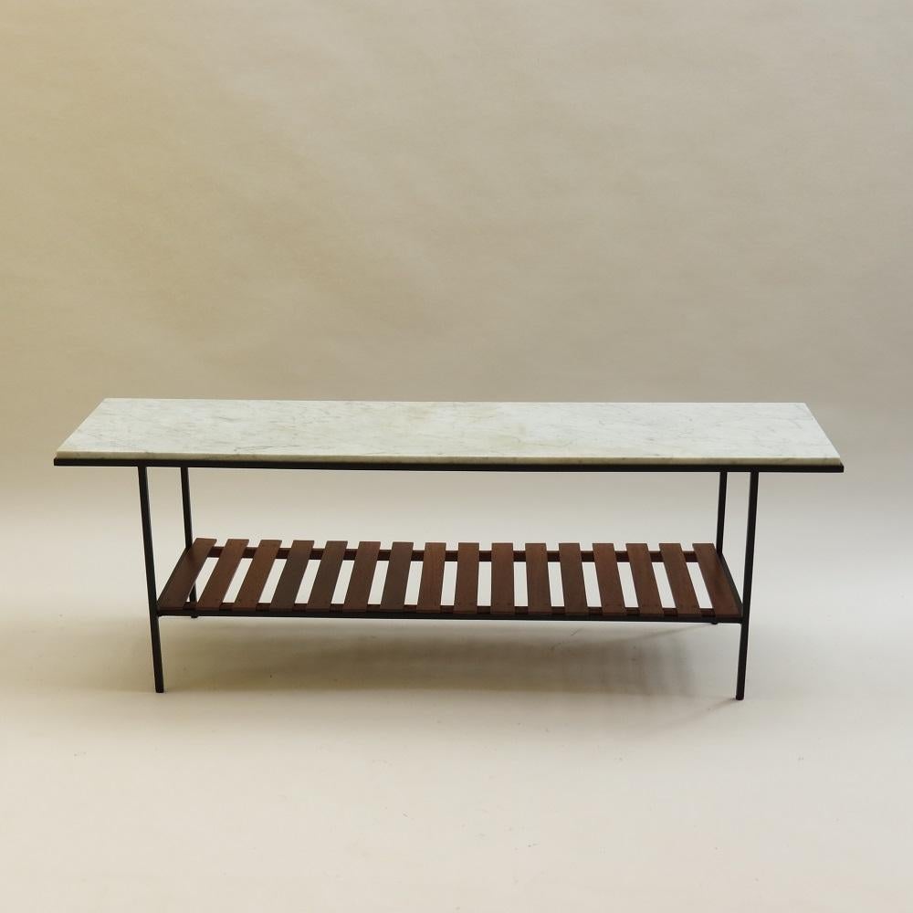 Mid-Century Modern 1950s English Metal Table Marble Top Slatted Wood Shelf by Peter Cuddon