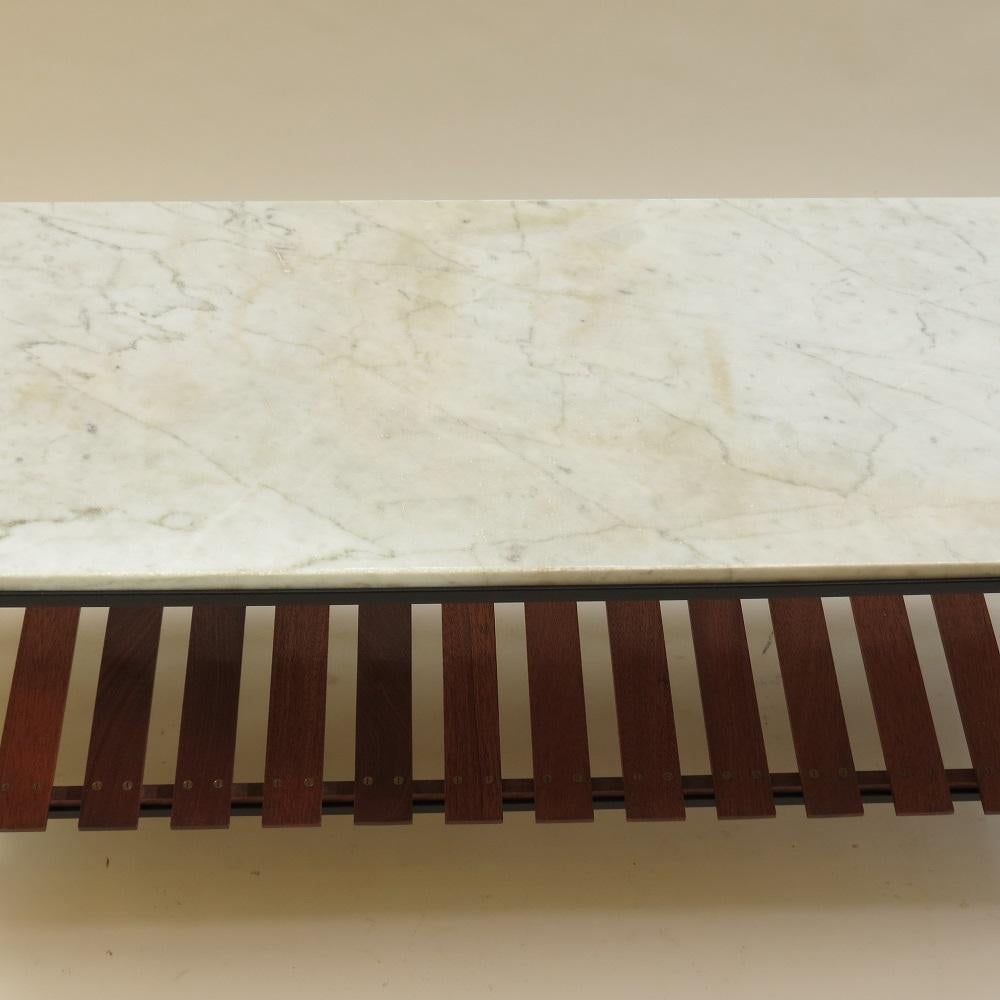 20th Century 1950s English Metal Table Marble Top Slatted Wood Shelf by Peter Cuddon