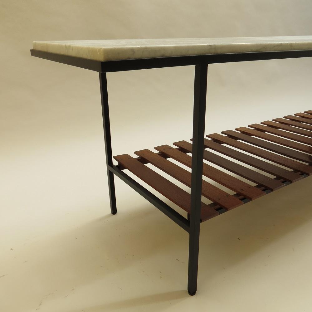 1950s English Metal Table Marble Top Slatted Wood Shelf by Peter Cuddon 3