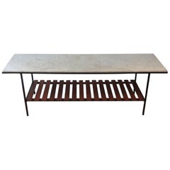 1950s English Metal Table Marble Top Slatted Wood Shelf by Peter Cuddon