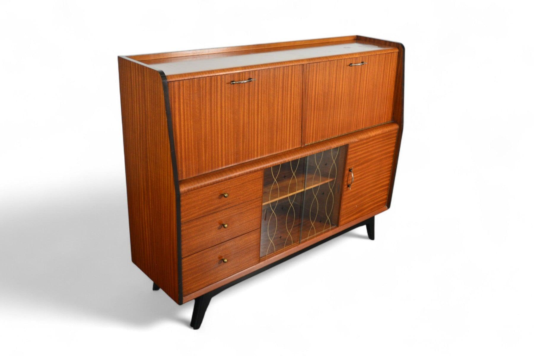 Cabinet de bar moderne anglais des années 1950 + bureau secrétaire en acajou en vente 6