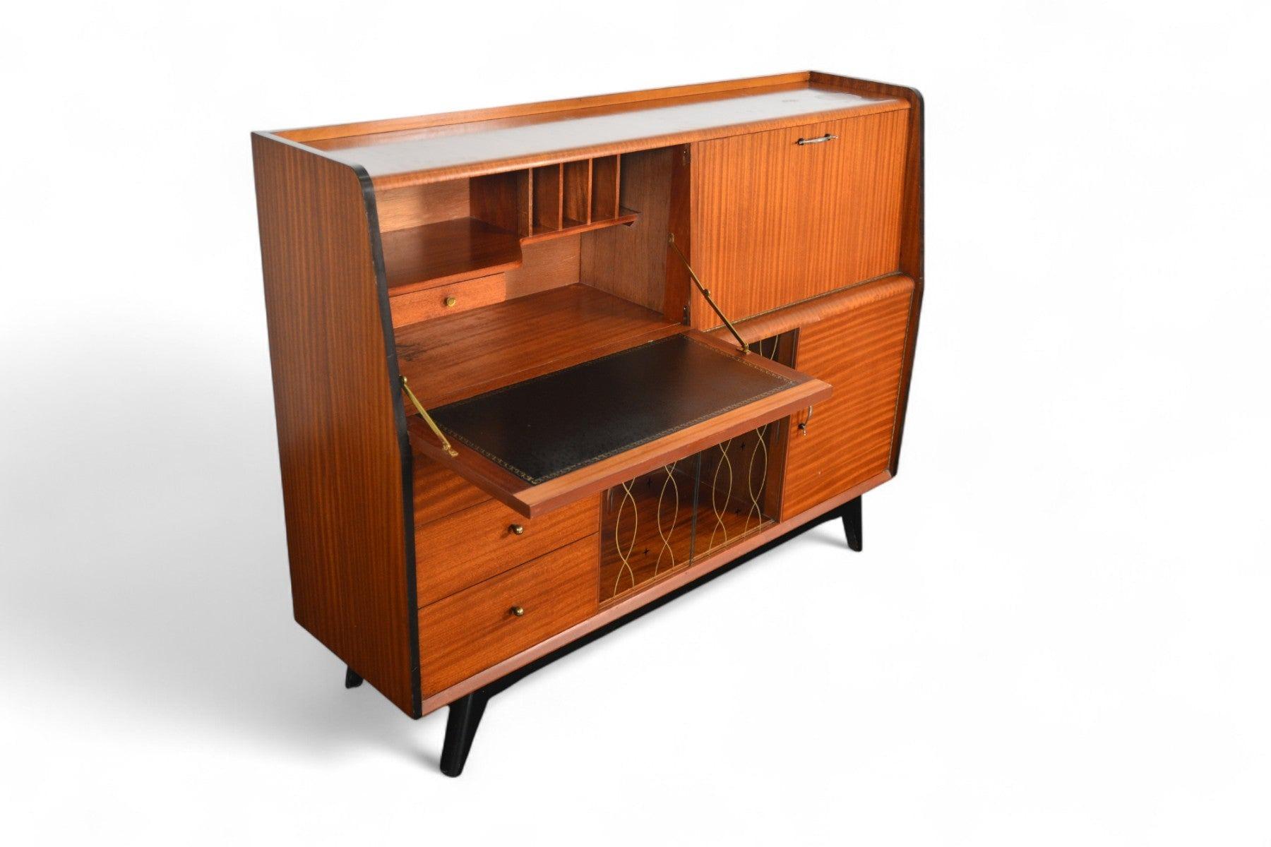 Cabinet de bar moderne anglais des années 1950 + bureau secrétaire en acajou en vente 12