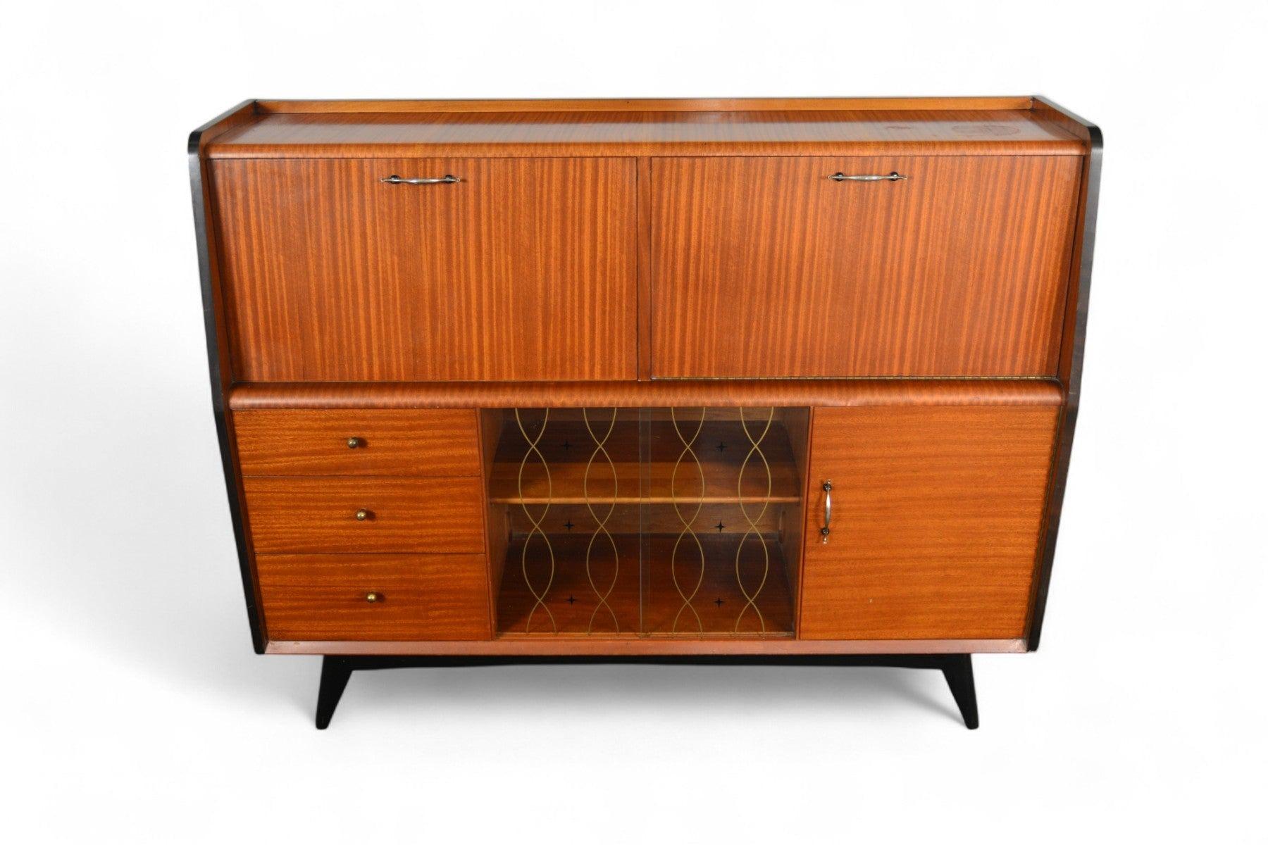 Mid-Century Modern Cabinet de bar moderne anglais des années 1950 + bureau secrétaire en acajou en vente