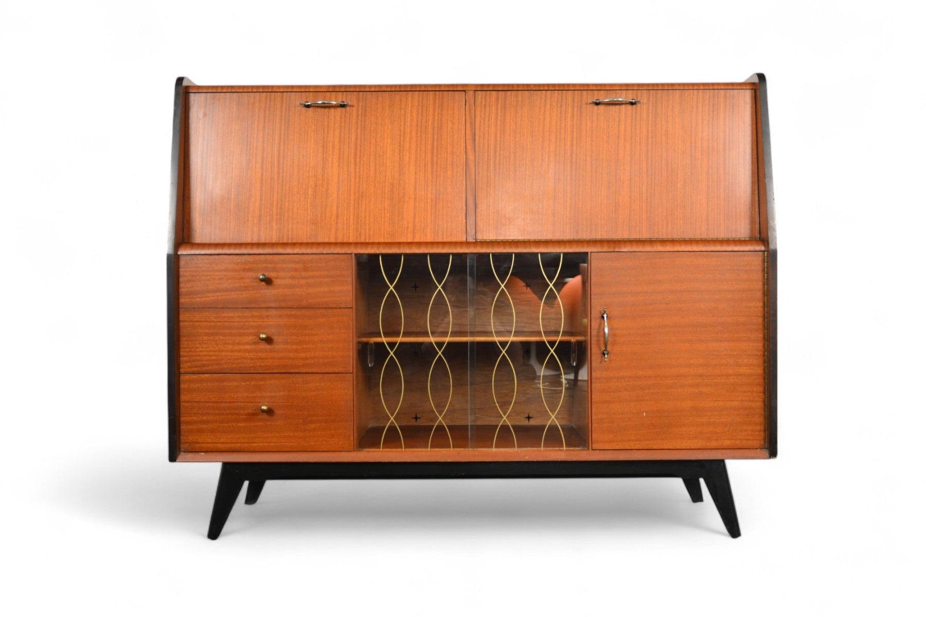 Anglais Cabinet de bar moderne anglais des années 1950 + bureau secrétaire en acajou en vente