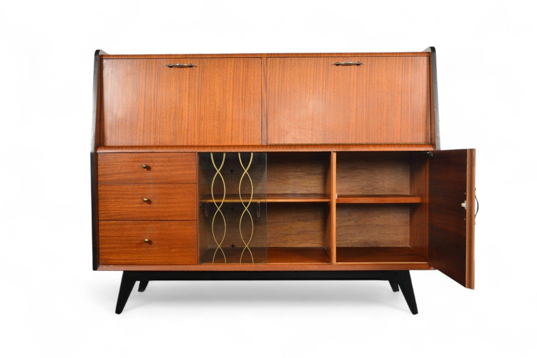 Cabinet de bar moderne anglais des années 1950 + bureau secrétaire en acajou Bon état - En vente à Berkeley, CA
