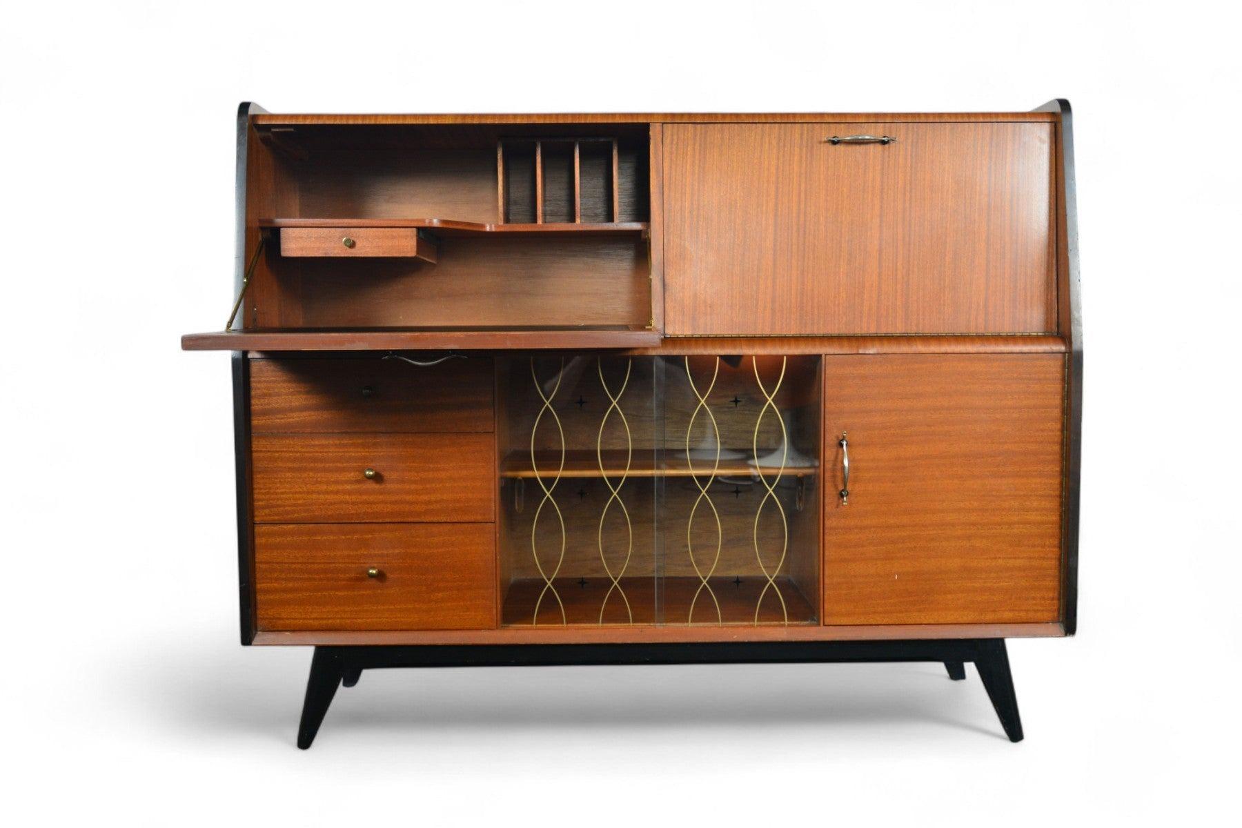 Cabinet de bar moderne anglais des années 1950 + bureau secrétaire en acajou en vente 1