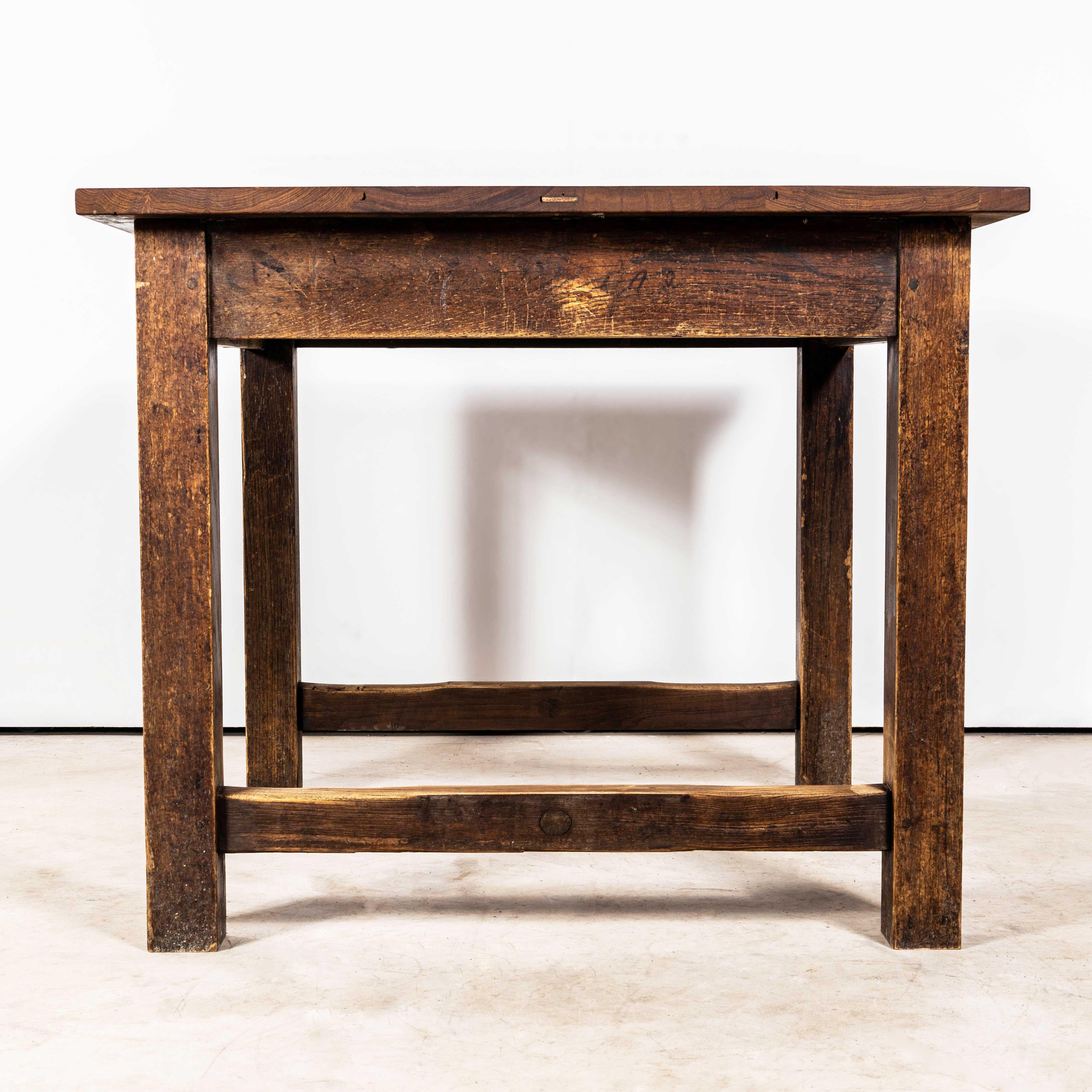 1950's English Oak And Iroko School Laboratory Table - Square. 

Sourced from a college in Yorkshire this is a lovely solid and well used laboratory table. The base is solid oak, the top is the classic solid Iroko. Our workshop has serviced the