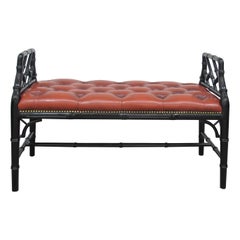 1950s English Red Leather Bench with Faux Bamboo Frame
