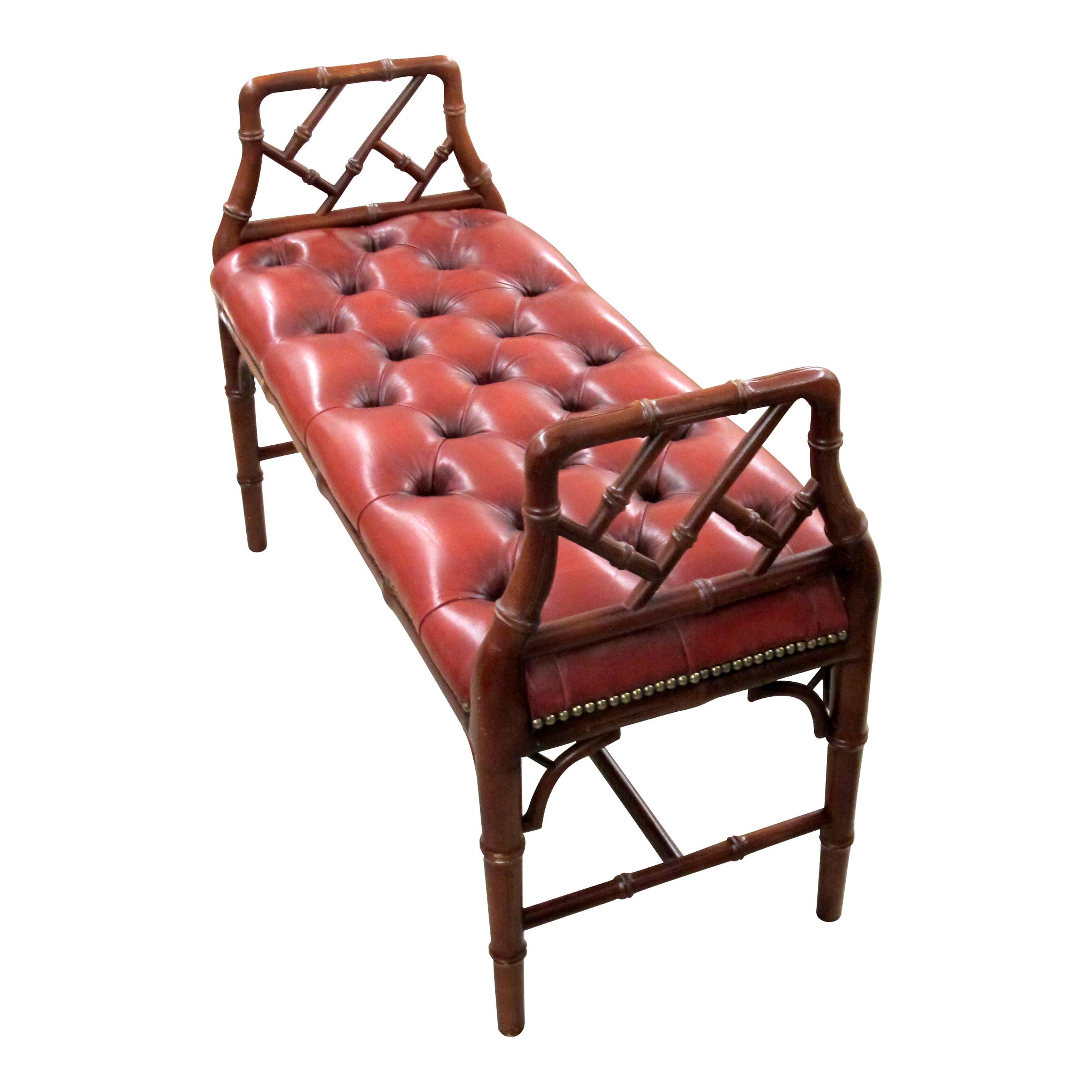 Mid-Century Modern 1950s English Red Leather Bench with Faux Bamboo Frame For Sale