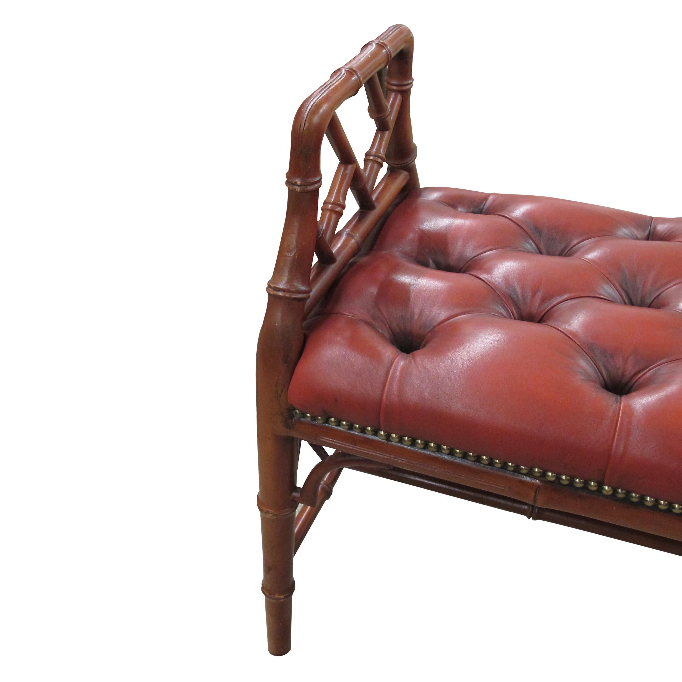 Other 1950s English Red Leather Bench with Faux Bamboo Frame For Sale