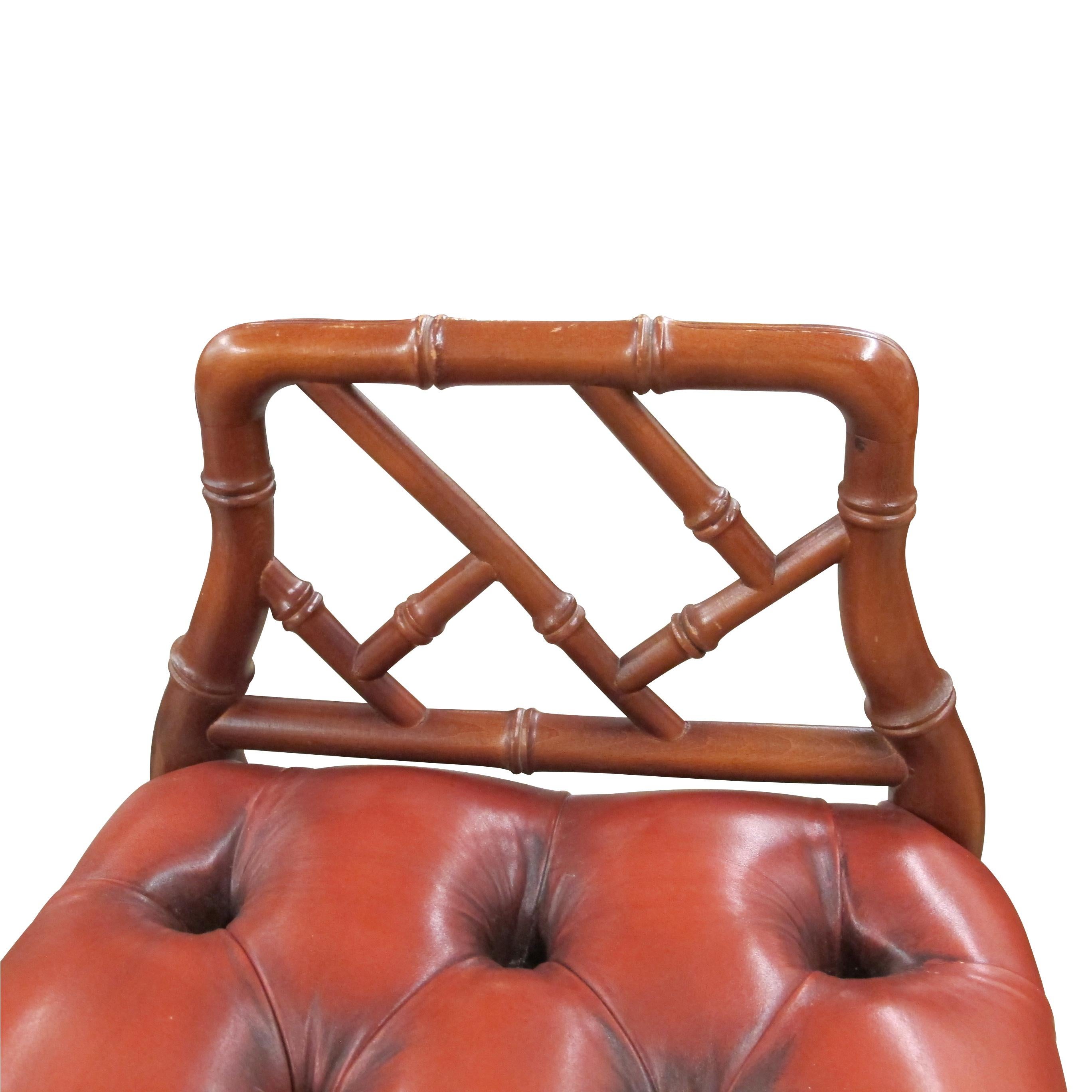 Mid-20th Century 1950s English Red Leather Bench with Faux Bamboo Frame For Sale