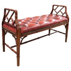 1950s English Red Leather Bench with Faux Bamboo Frame