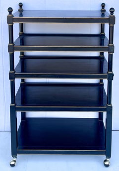 1950s English Regency Style Black Lacquer and Gilt Draw Leaf Serving Cart