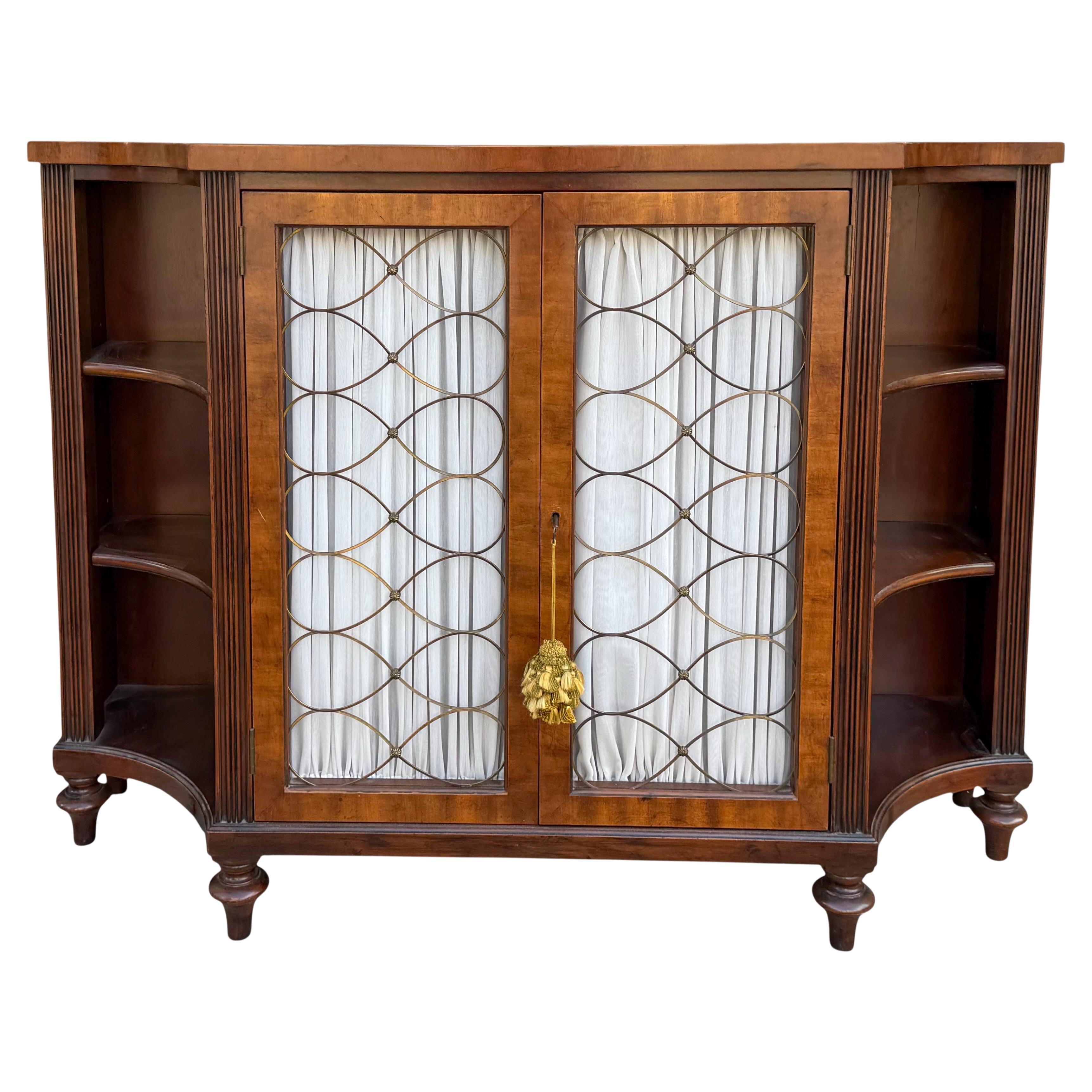 1950s English Regency Style Walnut Bookcase / Cabinet / Credenza W/ Wire Doors