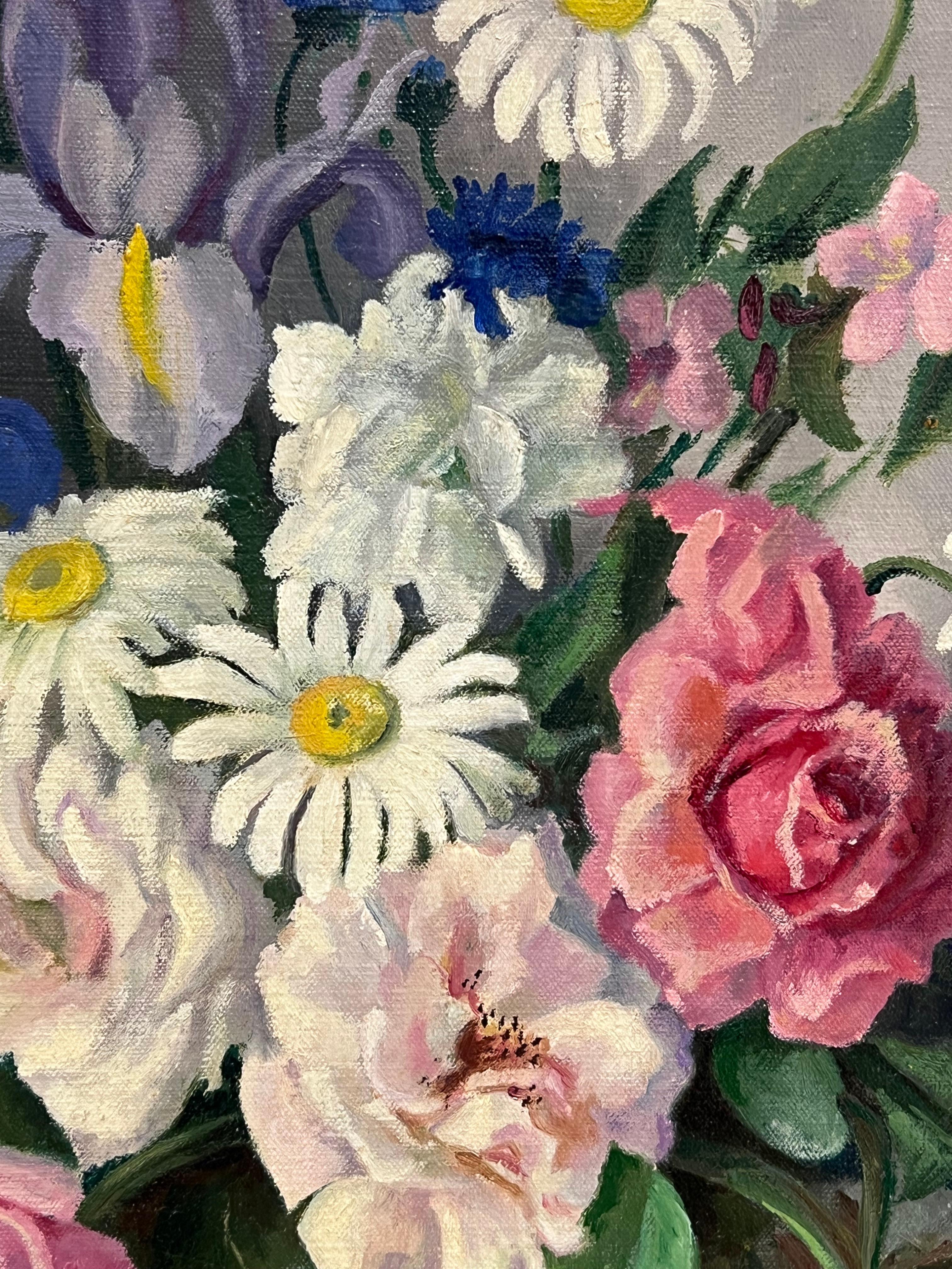 British Mid 20th Century Still Life Roses Ornate Display Signed Oil Painting For Sale 7